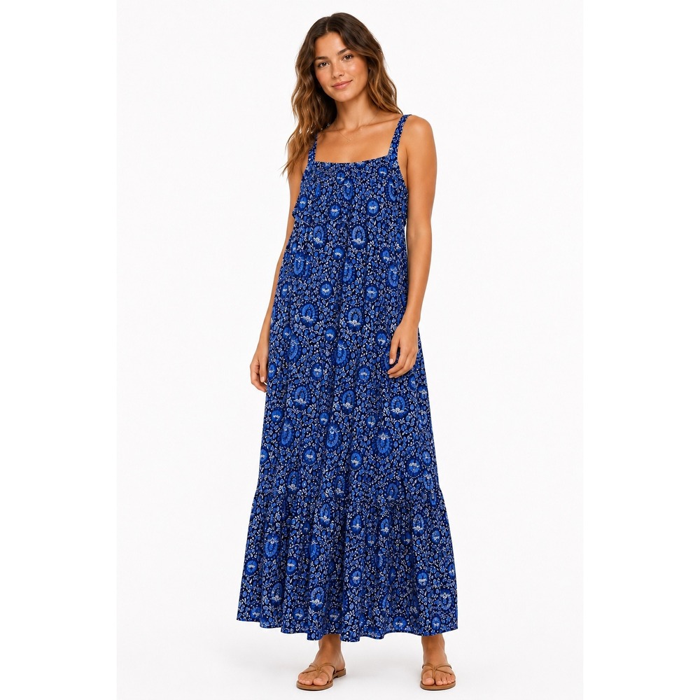 Old Navy Blue Floral Block Print Tiered Tie Back Maxi Dress L Peasant Coastal